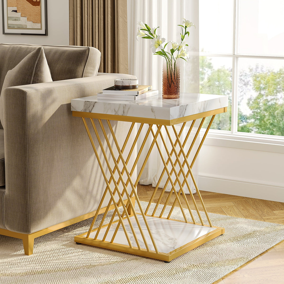 Storepavo 2-Tier Faux Marble End Table - image 1