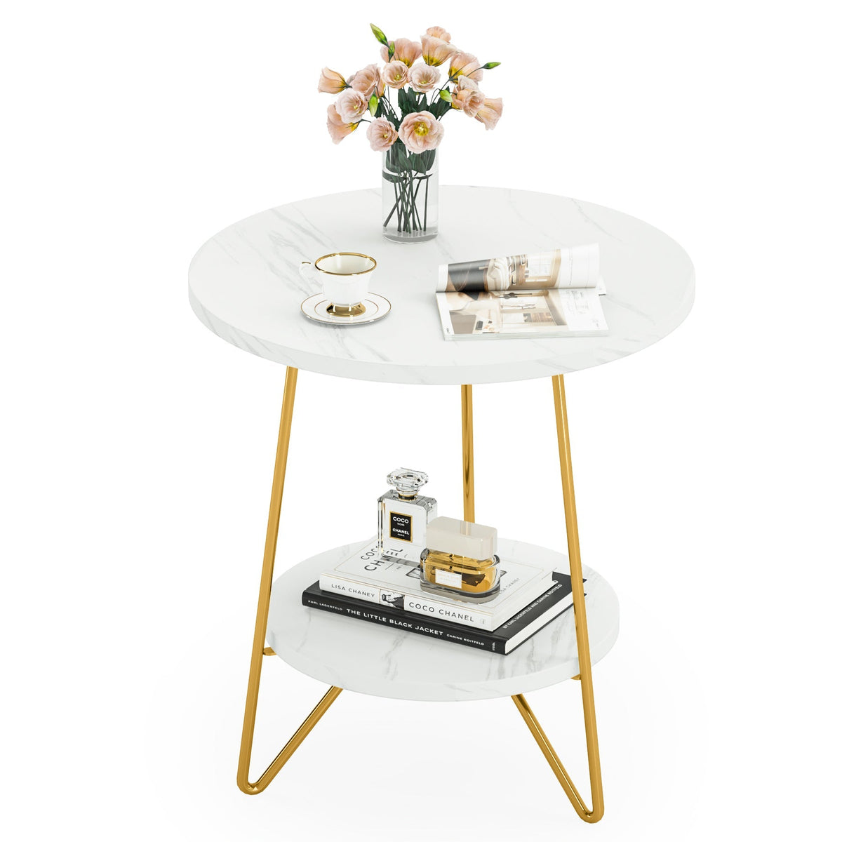 Storepavo 2-Tier Round Faux Marble End Table - image 2