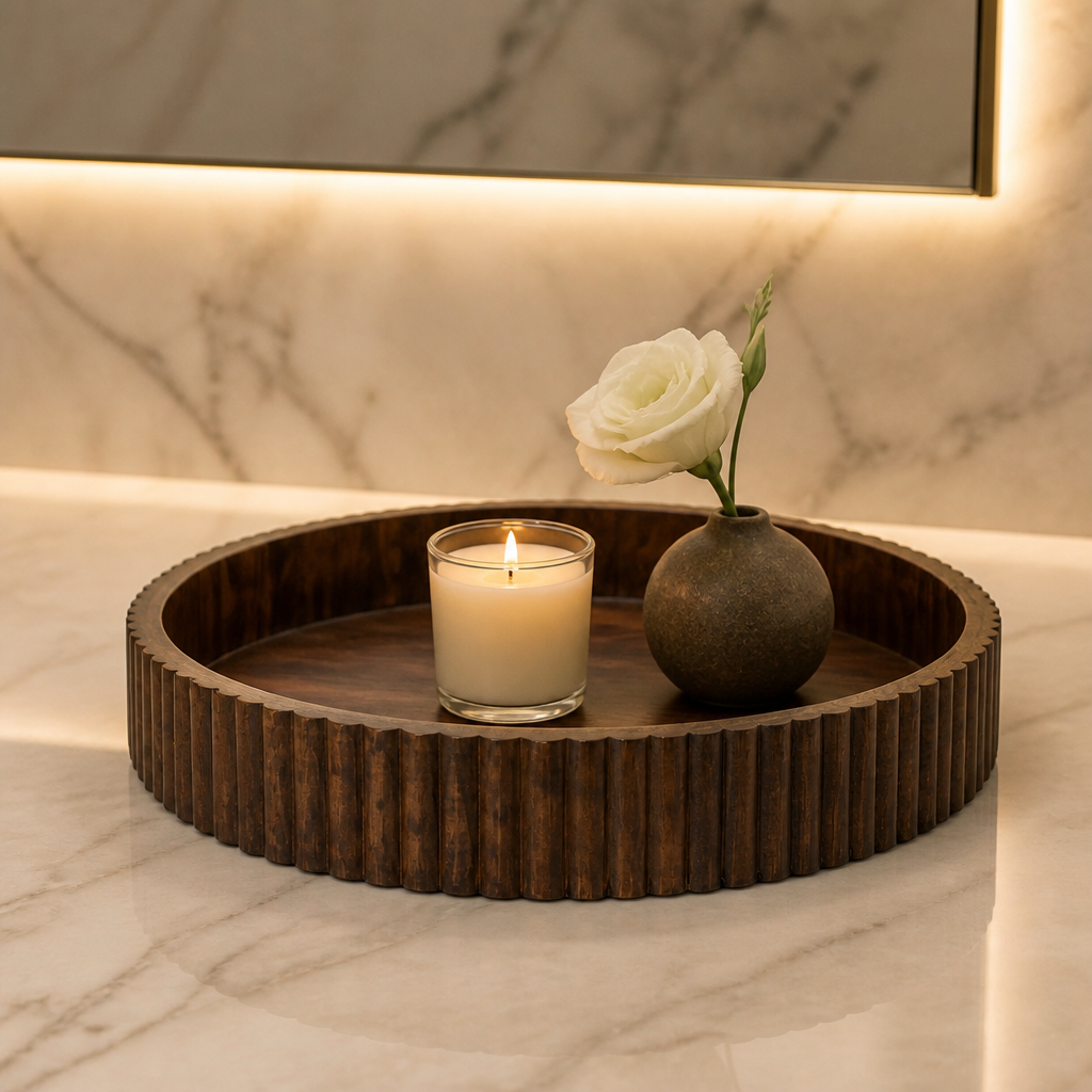 Round Ribbed Walnut-Look Wood Tray - image 1