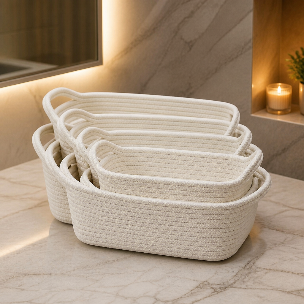 Five-Piece Off-White Cotton Rope Basket Set - image 1