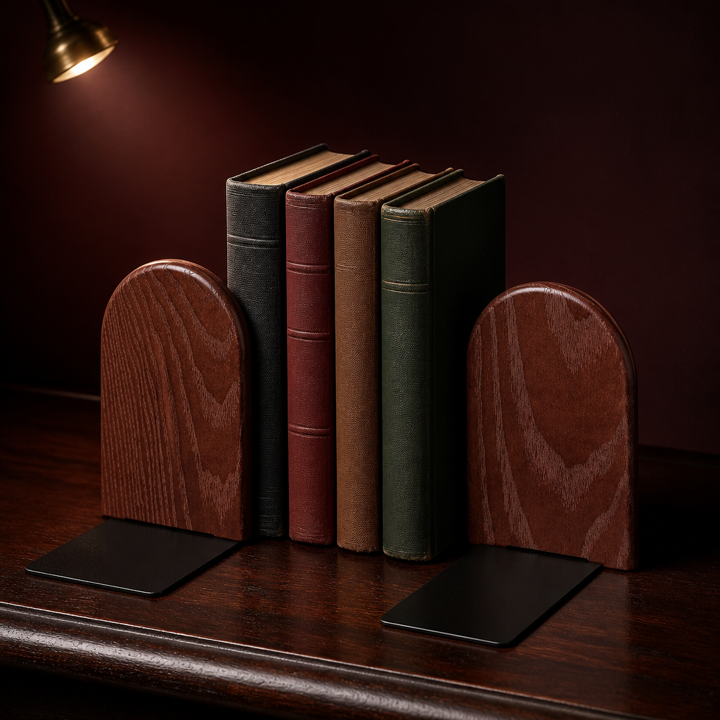 Walnut-Brown Wood and Black Steel Bookends, Pair - image 1