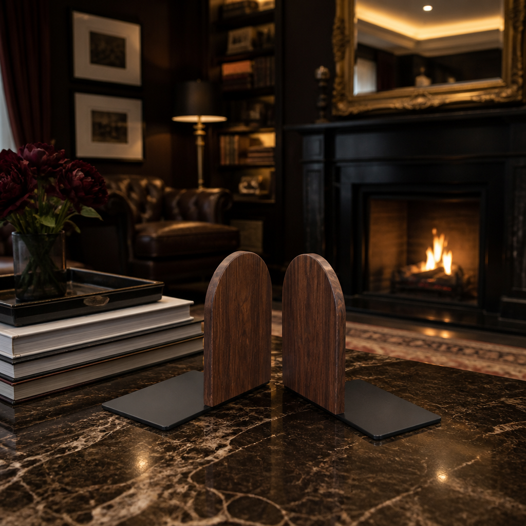 Walnut-Brown Wood and Black Steel Bookends, Pair - image 3