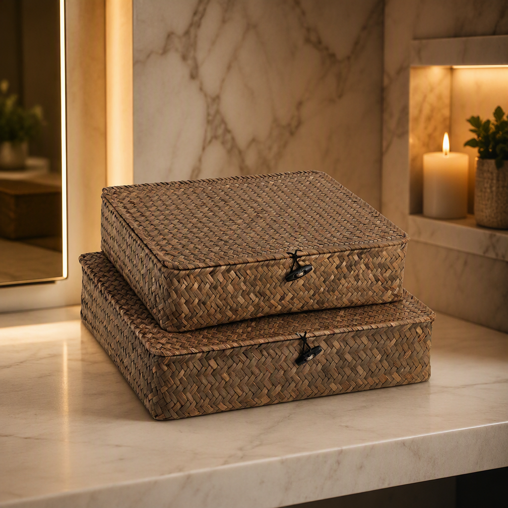 Lidded Seagrass Storage Baskets, Set of Two - image 1