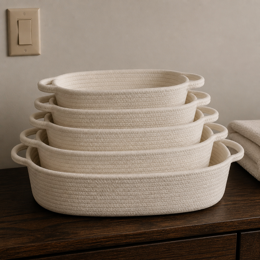 Off-White Cotton Rope Baskets, Set of Five - image 1