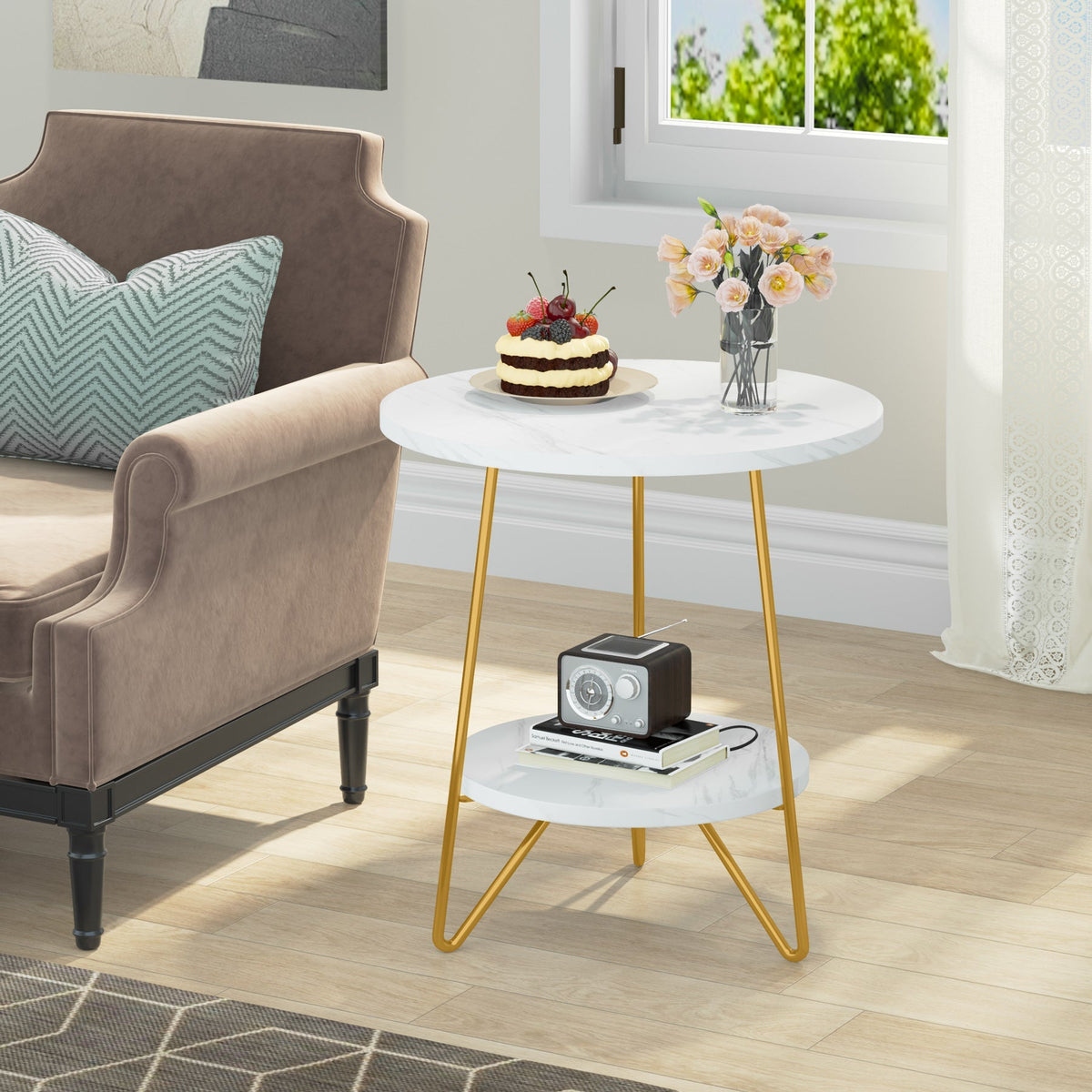 Storepavo 2-Tier Round Faux Marble End Table - image 4