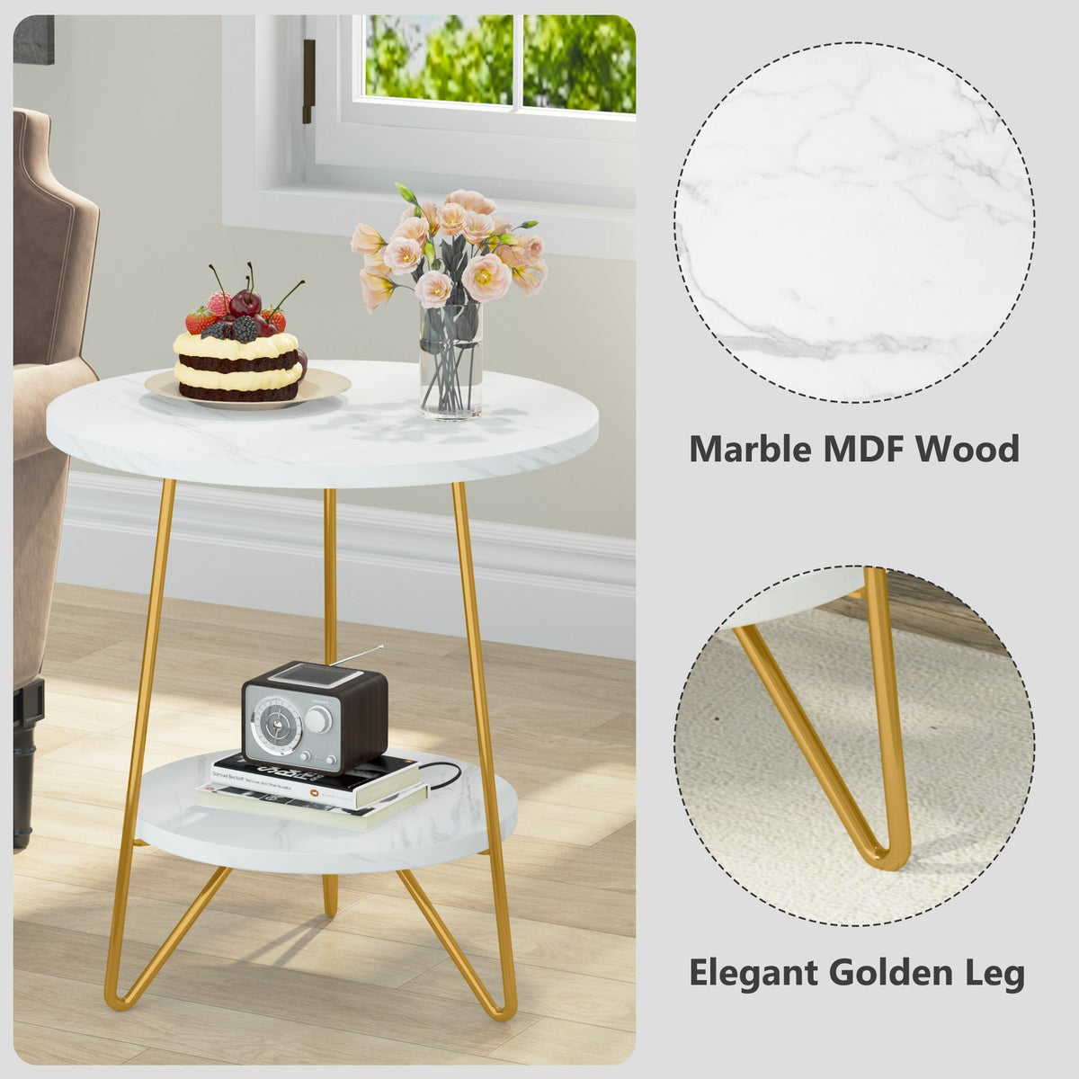 Storepavo 2-Tier Round Faux Marble End Table - image 5